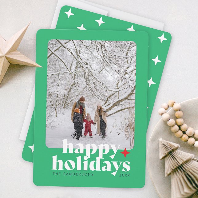 Tarjeta Festiva Tipo gráfico verde negrita moderno (Bold colorful happy holidays christmas card with family photo and stars )