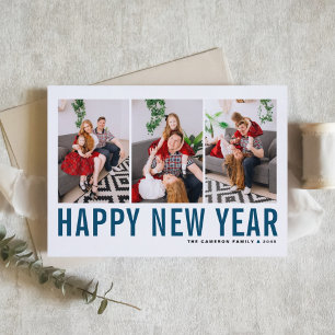 Tarjeta Festiva Tipografía Azul Collage de Fotos Feliz Año Nuevo