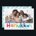 Tarjeta Festiva TIPOGRAFÍA COLORIDA foto de paisaje moderno brilla<br><div class="desc">por kat massard >> WWW.SIMPLYSWEETPAPERIE.COM <<< Un diseño de tarjeta super divertido para HANUKKAH de tipo colorido y un lindo patrón de escotilla cruzada en la parte trasera. ¡Máximo espacio para mostrar tu hermosa familia también!</div>