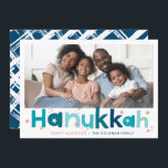 Tarjeta Festiva TIPOGRAFÍA COLORIDA paisaje moderno foto azul<br><div class="desc">por kat massard >> WWW.SIMPLYSWEETPAPERIE.COM <<< Un diseño de tarjeta super divertido para HANUKKAH de tipo colorido y un lindo patrón de escotilla cruzada en la parte trasera. ¡Máximo espacio para mostrar tu hermosa familia también!</div>