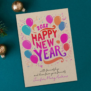 Tarjeta Festiva Tipografía de globos rosados y morados para Año Nu