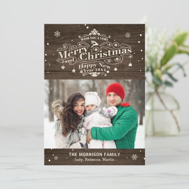 Tarjeta Festiva Tipografía de madera rústica Fotos navideñas (Anverso de pie)