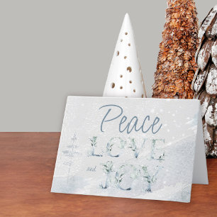 Tarjeta Festiva Tipografía de Paz Amor y Alegría Acuarela Nieve