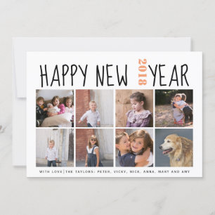 Tarjeta Festiva Tipografía del Año Nuevo Feliz, collage de ocho fo