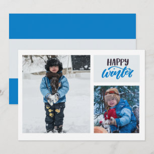 Tarjeta Festiva Tipografía Feliz Invierno Azul Dos Fotos