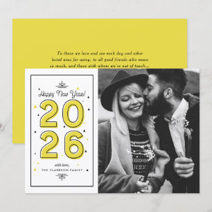 Tarjeta Festiva Tipografía Geométrica Amarilla Foto de Año Nuevo