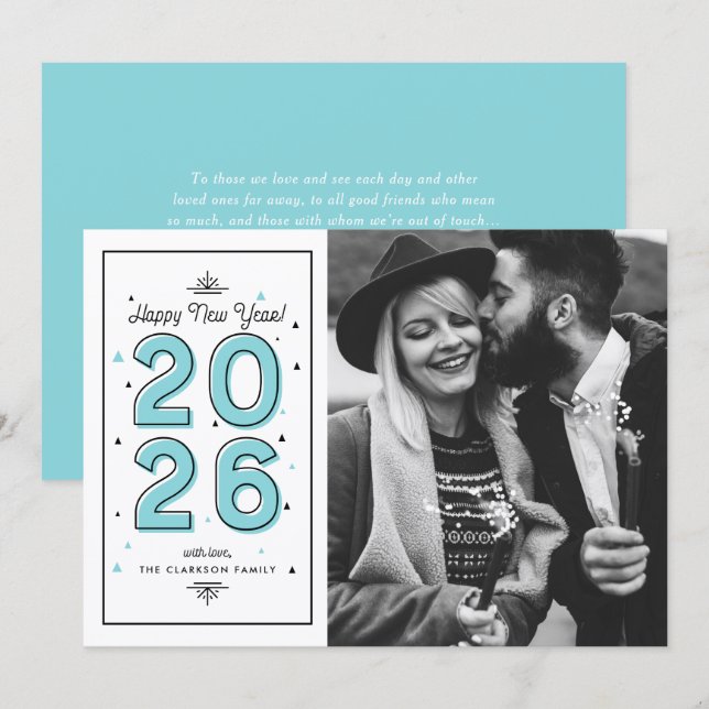 Tarjeta Festiva Tipografía geométrica azul 2025 Año Nuevo (Anverso / Reverso)