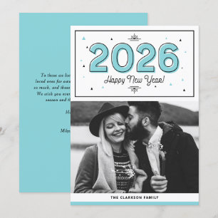 Tarjeta Festiva Tipografía Geométrica Azul Foto Feliz Año Nuevo