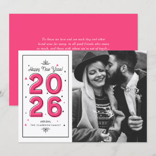 Tarjeta Festiva Tipografía Geométrica Rosa Caliente Foto de Año Nu