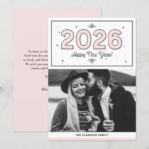 Tarjeta Festiva Tipografía geométrica sonrosada Foto Feliz Año Nue