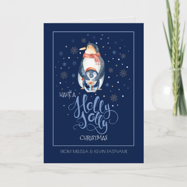 Tarjeta Festiva Tipografía Holly y Navidades Pinguin (Anverso)
