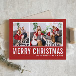 Tarjeta Festiva Tipografía moderna Navidades de Collage de fotos r<br><div class="desc">Feliz Navidad! Envíe sus cálidos deseos esta temporada con esta tarjeta de Navidades de collage de fotos de personalizable. Presenta una tipografía simple con un fondo rojo. Personalice agregando sus fotos, nombres, año y otros detalles. Esta moderna tarjeta de Navidad está disponible en otros colores y en el material de...</div>