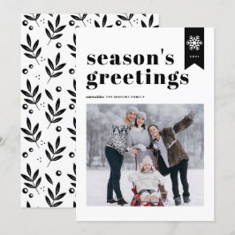 Tarjeta Festiva Tipografía negra, copos de nieve, fotos de saludos