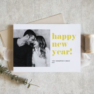 Tarjeta Festiva Tipografía Negrita Amarilla Foto Feliz Año Nuevo