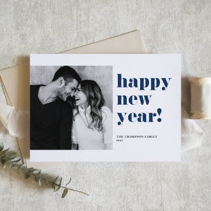 Tarjeta Festiva Tipografía Negrita Azul Marino Foto Feliz Año Nuev