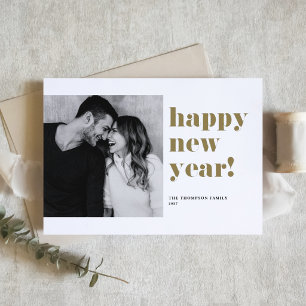 Tarjeta Festiva Tipografía Negrita Dorada Foto Feliz Año Nuevo
