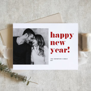 Tarjeta Festiva Tipografía Negrita Roja Foto Feliz Año Nuevo
