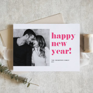 Tarjeta Festiva Tipografía Negrita Rosa Brillante Foto Feliz Año N