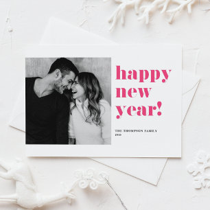 Tarjeta Festiva Tipografía Negrita Rosa Caliente Foto Feliz Año Nu