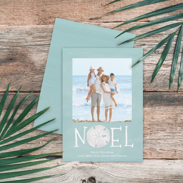 Tarjeta Festiva Tipografía Personalizado simple Noel Beach Turquoi (Christmas Holiday Noel Creative Typography Beach Photo Card with a single-photo template.)