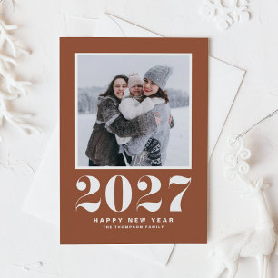 Tarjeta Festiva Tipografía Retro 2027 Terracota Foto Año Nuevo