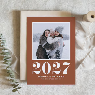 Tarjeta Festiva Tipografía Retro 2027 Terracota Foto Año Nuevo