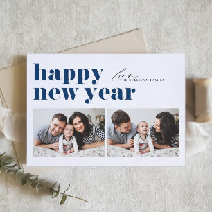 Tarjeta Festiva Tipografía Retro Azul Feliz Año Nuevo Dos Fotos