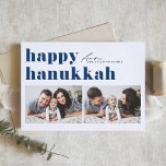 Tarjeta Festiva Tipografía Retro Azul Feliz Hanukkah Dos Fotografí<br><div class="desc">¡Feliz Hanukkah! Envíe sus saludos de Hanukkah a la familia y amigos con esta tarjeta de personalizable de foto de Hanukkah. Presenta tipografía retro audaz. Personalice agregando sus detalles. Esta tarjeta personalizado Hanukkah está disponible en otros colores y material de cartón. Los elementos coincidentes están disponibles.</div>