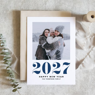 Tarjeta Festiva Tipografía Retro Azul Marino 2027 Foto de Año Nuev