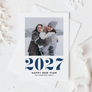 Tarjeta Festiva Tipografía Retro Azul Marino 2027 Foto de Año Nuev