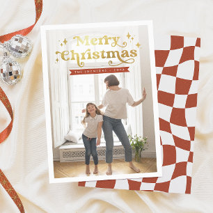 Tarjeta Festiva Tipografía retro Groovy Merry Christmas Photo