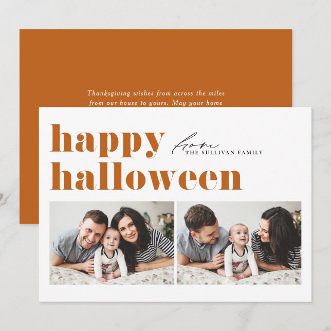 Tarjeta Festiva Tipografía retro naranja Feliz Halloween dos fotos (Anverso / Reverso)