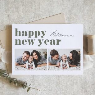 Tarjeta Festiva Tipografía Retro Verde Feliz Año Nuevo Dos Fotos