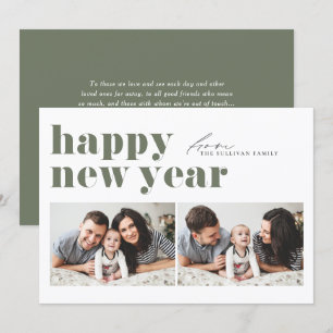 Tarjeta Festiva Tipografía Retro Verde Taupe Foto Feliz Año Nuevo