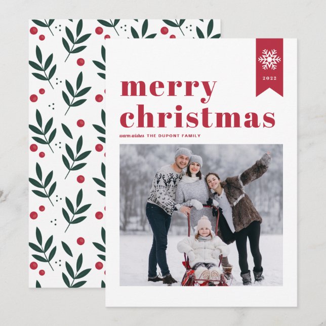 Tarjeta Festiva Tipografía Roja Copos de nieve Fotos navideñas (Anverso / Reverso)