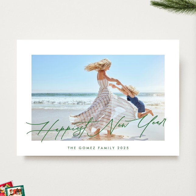 Tarjeta Festiva Tipografía verde elegante | El Año Nuevo más feliz (Subido por el creador)