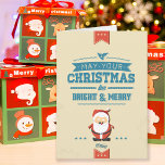 Tarjeta Festiva Tipográfico azul de la cinta linda de Papá Noel<br><div class="desc">Papá Noel lindo con confinar cintas rojo-protagonizadas en la parte superior y la parte inferior.  Azul,  tipografía gráfica en fondo beige.</div>