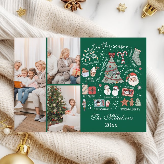 Tarjeta Festiva Tis The Season 3 Photo  Retro Green Christmas (Subido por el creador)