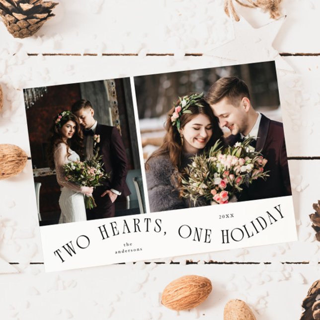 Tarjeta Festiva To Hearts One Holiday Newlywed Photo White (Subido por el creador)