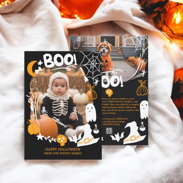 Tarjeta Festiva Tocante ilustracion de Halloween lindo Boo 2 fotos (Spooky Halloween illustrations cute Boo 2 photos Holiday Card)