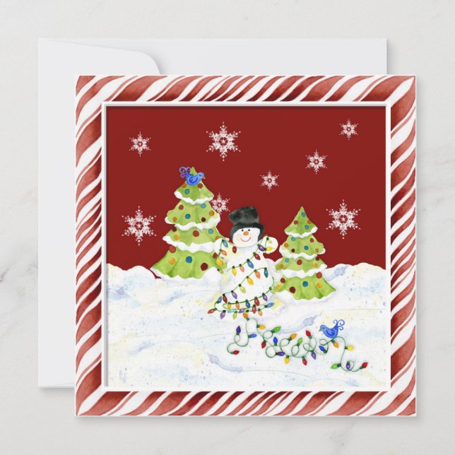 Tarjeta Festiva Todo enredado, hombre de nieve con luces de árbol  (Anverso)