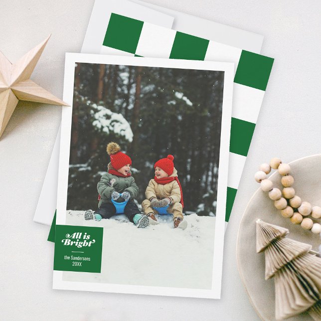 Tarjeta Festiva Todo es brillante Cuadro de Verde Audaz Festivo (Holiday photo family card green checkerboard bold funky type )