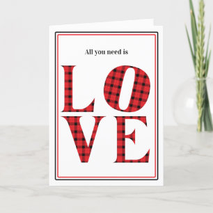 Tarjeta Festiva Todo lo que necesitas es Amor plaid rojo búfalo de