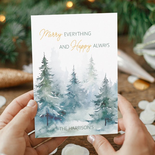 Tarjeta Festiva Todo Merry Feliz Siempre Árboles de Invierno Plano (Merry Everything Happy Always Winter Trees Flat Holiday Card)