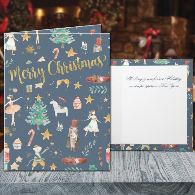 Tarjeta Festiva Todo Nucracker Gold Merry Christmas Blue (Everything Nutcracker Gold Merry Christmas Blue Holiday Wraparound Graphics Folded Card)