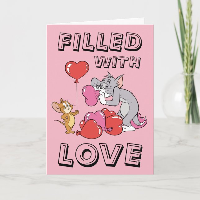 Tarjeta Festiva Tom y Jerry inflan globos cardíacos de San Valentí (Anverso)