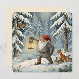 Tarjeta Festiva Tomte escandinavo vintage en bosque nevado