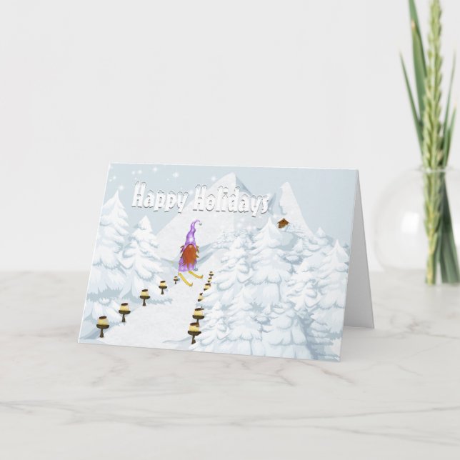 Tarjeta Festiva Tomte gnome ski snoweaks cabaña de troncos (Anverso)