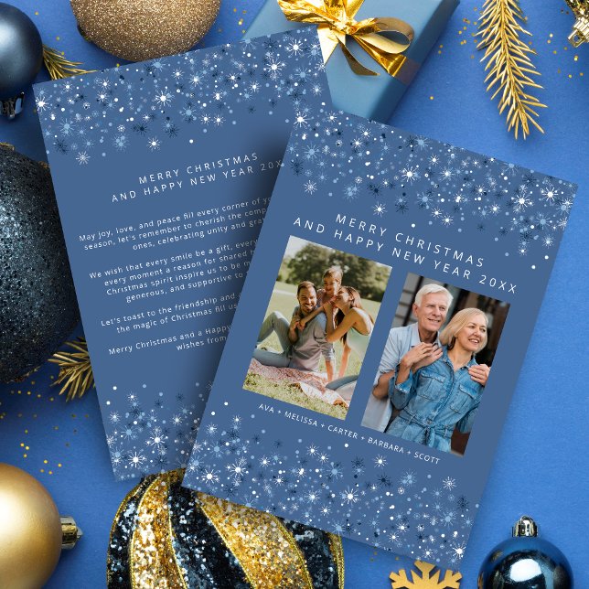 Tarjeta Festiva Tonos azules Copos de nieve Navidades Elegantes 2  (Blue Shades Snowflakes Christmas Stylish Collage 2 Photos Family Holiday Card with Envelope. )