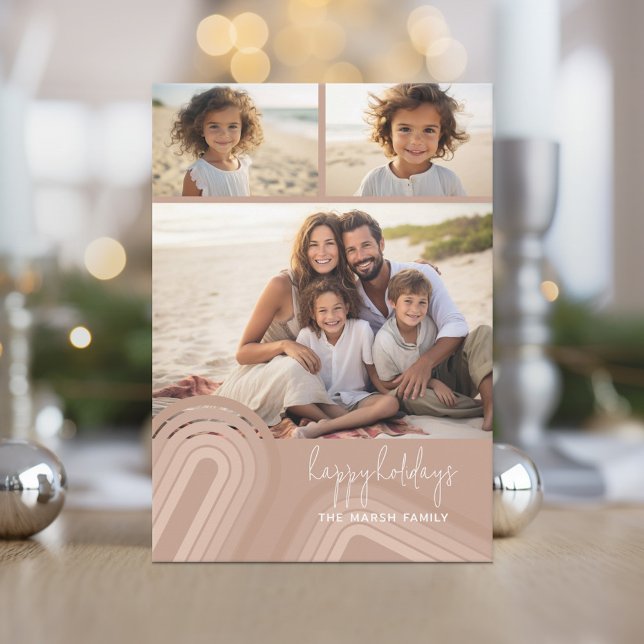 Tarjeta Festiva Tonos minimales modernos de las franjas de champán (Soft, retro pastel holiday card with boho stripes and 3 photos.)
